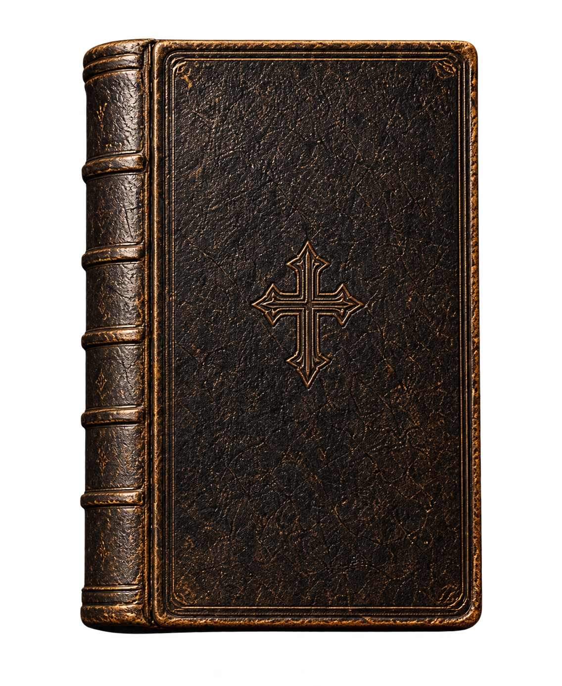 An antique leather-bound book representing the writings of the Church Fathers